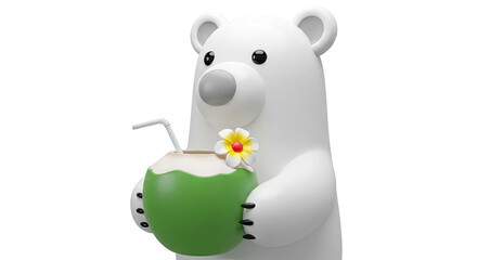 Fototapeta premium Cute Polar Bear Holding a Coconut Drink with a Flower