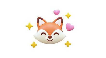 Fototapeta premium Happy 3D Fox Face with Hearts and Stars