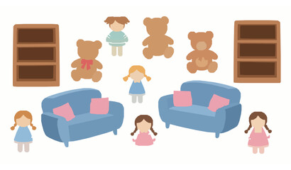 Pastel kids playroom toys vector set with teddy bears rag dolls sofas and bookshelves isolated on white background © MdNayeem