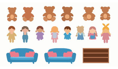 Kids toy collection vector with teddy bears rag dolls couches and bookshelves cartoon set isolated on white background © MdNayeem