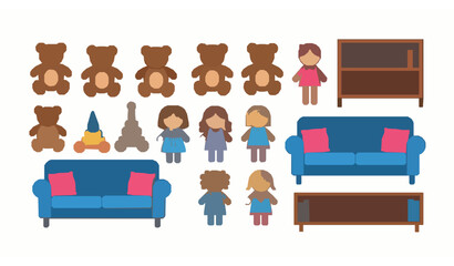 Children toys and furniture vector set with teddy bears rag dolls couches and bookshelves isolated on white background © MdNayeem