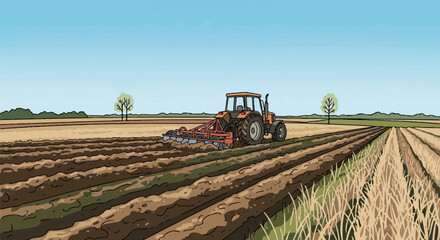 Fototapeta premium Tractor plowing a field with dry grass and trees under a clear blue sky