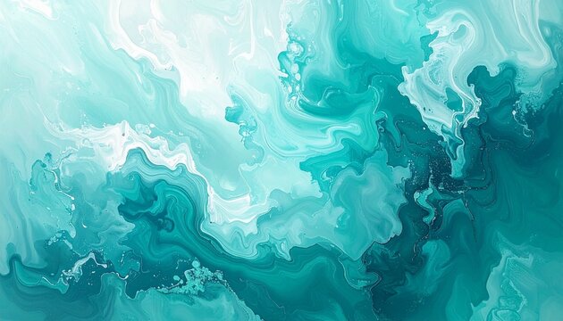 Abstract teal and white fluid art with swirling patterns and textures.