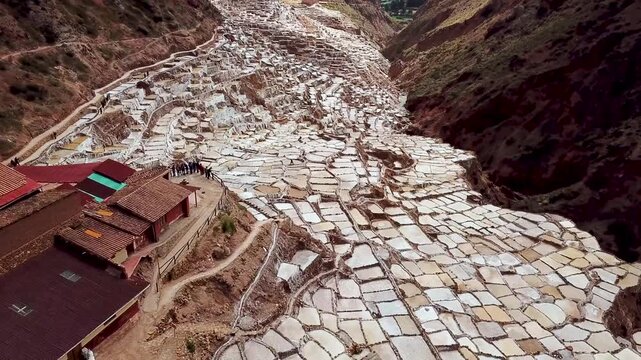 Aerial view of Maras salt mines with terraced pools in sacred valley of incas Peru