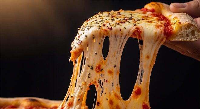Melted cheese pizza being lifted