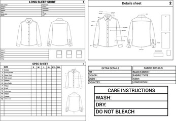 Men’s Full Sleeve Shirt Tech Pack Template Front and Back View © GD TAWHIDUL