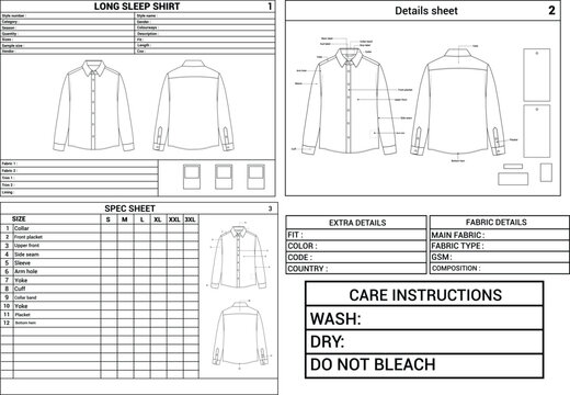 Men&rsquo;s Full Sleeve Shirt Tech Pack Template Front and Back View