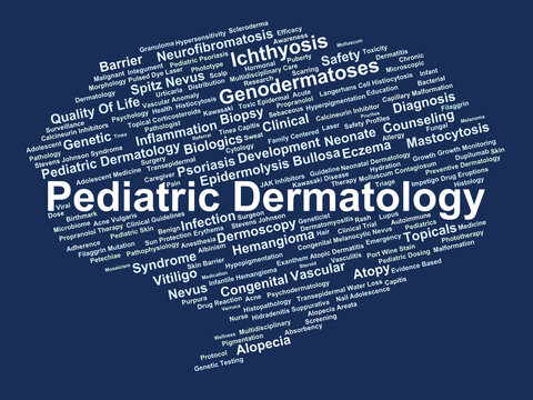 Pediatric Dermatology Word Cloud. A Visual Map of Congenital Lesions, Inflammatory Conditions, Genetic Syndromes, and Specialized Therapeutic Approaches for Infant and Adolescent Skin.