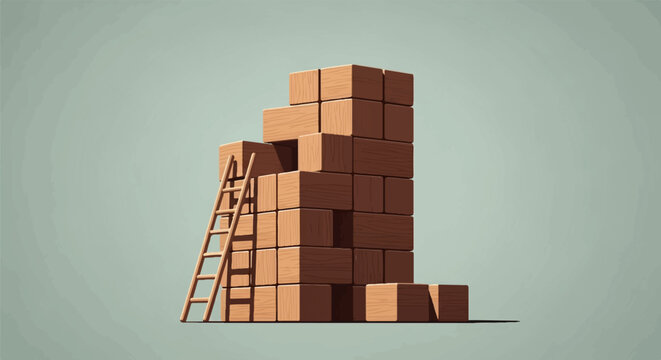 Stacked wooden cubes with a ladder against a pale green background