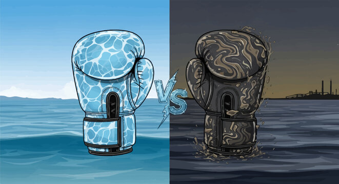 Two boxing gloves, one clear blue, one murky brown, face off