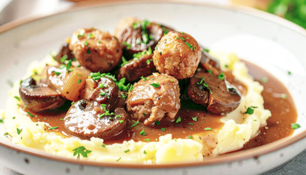 Mashed potatoes, stewed chicken liver, brown gravy with mushroom, closeup. AI