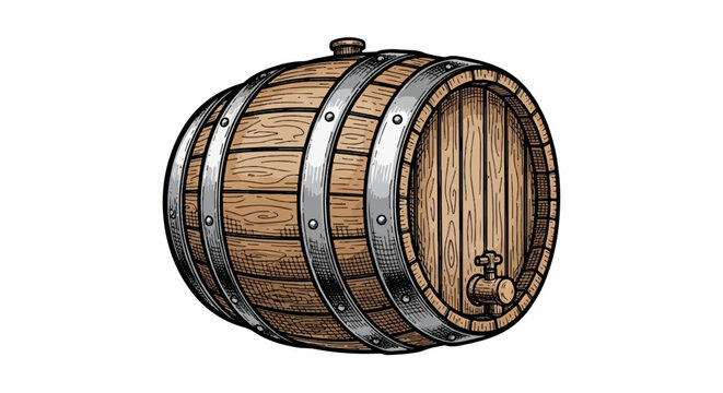 A wooden barrel with metal bands and a spigot, isolated on white