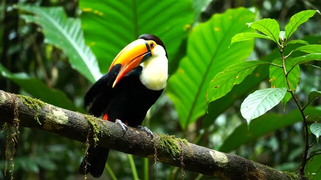 Vibrant toucan perches on mossy branch in lush tropical rainforest surrounded by green leaves