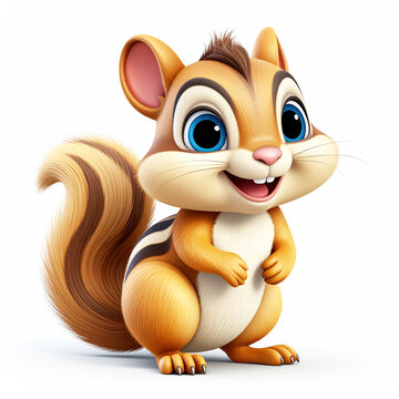 Funny chipmunk, white backdrop, cartoon illustration. AI