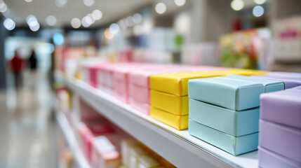Fototapeta premium Close-up of diverse minimalist packaging of affordable menstrual products on a bright convenience store shelf, Market Competition concept, sharp focus on the recycled paper boxes a
