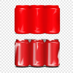 Obraz na płótnie Canvas Blank aluminum can three in row multi-pack packaging. Realistic vector mockup. Opaque and transparent shrink film wrap soda or beer package. Template. Multipack plastic sleeve drink wrapping. Mock-up