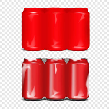 Blank aluminum can three in row multi-pack packaging. Realistic vector mockup. Opaque and transparent shrink film wrap soda or beer package. Template. Multipack plastic sleeve drink wrapping. Mock-up