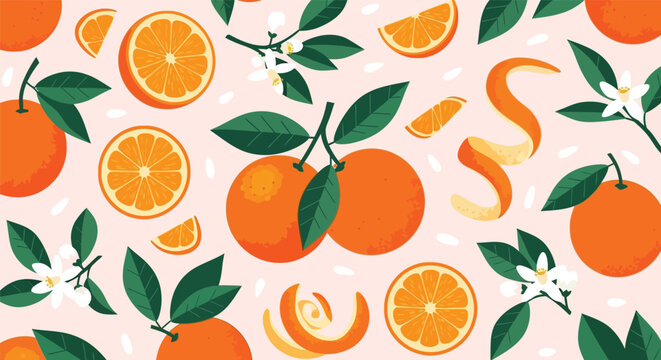 Vibrant citrus fruits and leaves in a lively repeating pattern design