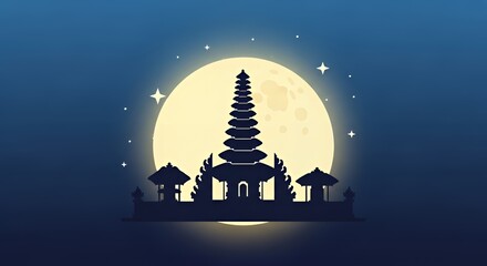 Obraz premium Silhouette of Traditional Pagoda with Full Moon and Stars in Night Sky