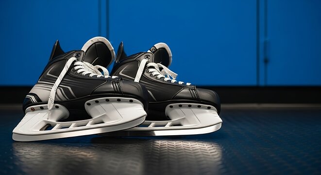 Pair of Black Hockey Skates on Blue Background.