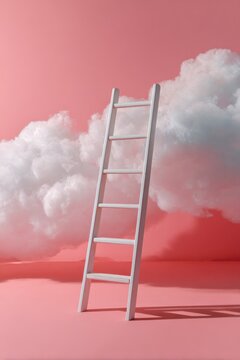 White ladder ascending into cloud on pink background