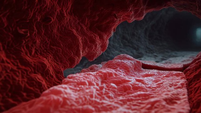 Blood vessel lumen narrowed by cholesterol plaque buildup, restricting blood flow and illustrating atherosclerosis and cardiovascular risk in microscopic anatomical detail