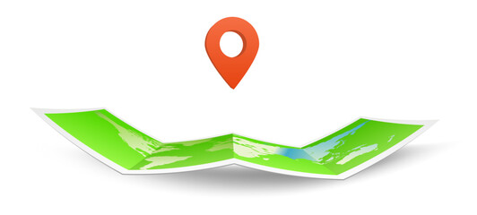 位置情報ピンと折りたたみ地図を組み合わせたナビゲーションコンセプトの立体風イラスト素材 © aka