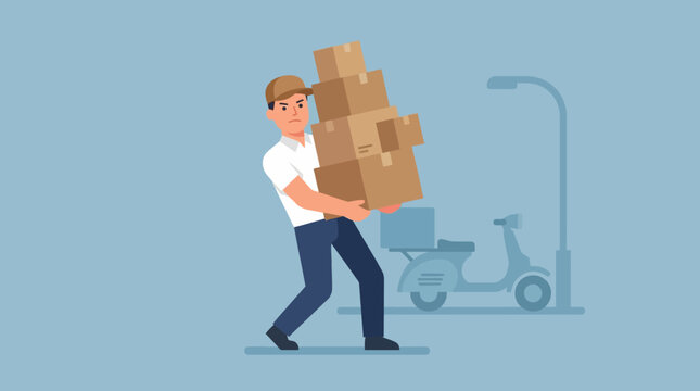 A delivery man struggling to carry a tall stack of cardboard packages, with a scooter in the background, illustrating parcel delivery service.