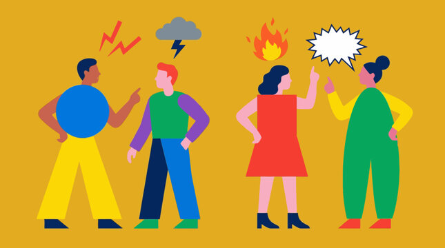 Illustration of two pairs of people arguing with conflict symbols above their heads on a yellow background, depicting interpersonal disputes.