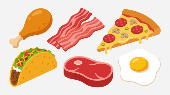 A collection of popular food items including chicken, bacon, pizza, taco, steak, and a fried egg, depicted in a cartoon style.