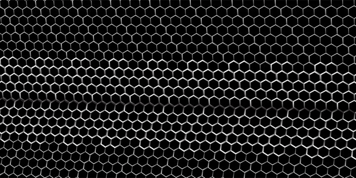 Black seamless hexagon texture. Repeated honeycomb pattern background. Geometric hexagonal halftone tech overlay backdrop. Abstract repeating hex halftone. Vector retro technology dot texure wallpaper