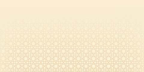 Fototapeta premium Horizontal Ramadan Kareem web banner featuring soft mosque silhouettes, hanging lanterns, and Islamic geometric patterns in beige tones for festive marketing and religious greetings.