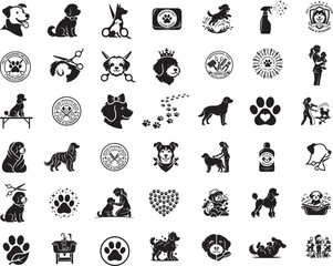 Fototapeta premium Pet Groomer Silhouette Bundle, Dog Grooming Vector Set and Pet grooming care tools animals vector line icons set. 