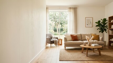 Fototapeta premium Neutral toned living room with warm lighting and comfortable furnishings