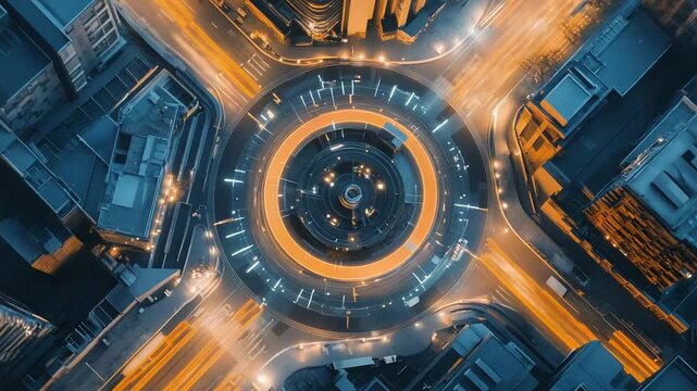 Top down night view of a futuristic urban roundabout with glowing long exposure light trails, highlighting smart city connectivity, motion, and modern transportation infrastructure