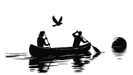 Canoe paddlers at sunrise on lake