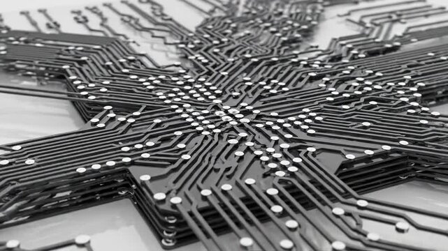 Complex electronic circuit board pattern on white background