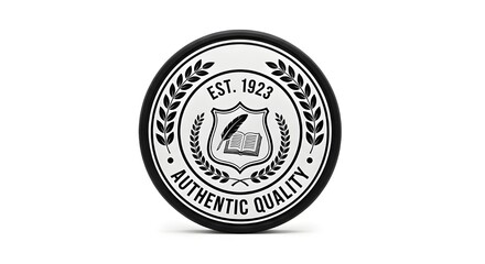 Obraz premium Vintage Black and Silver Round 'EST. 1923' Authentic Quality Emblem with Laurel Wreath, Quill and Book