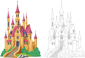 Obraz premium Fantasy fairy tale castle colored and outline version, magical palace illustration with towers isolated for children coloring design