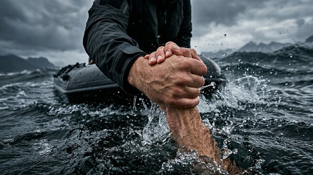 Rescue operation at sea with man reaching helping hand from boat to person in water