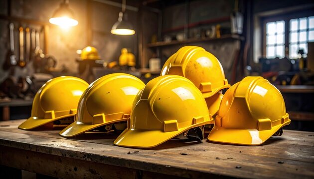 Bright Yellow Hard Hats Stacked Neatly on a Workshop Shelf, Representing Construction Safety and Labor
