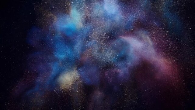 Purple powder explosion forming abstract vibrant pattern concept. Vibrant colorful cosmic nebula with bright stars and deep space background for astronomy and universe themes