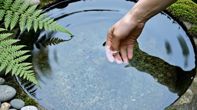 High-detail footage of hands washing in a rustic stone basin in a garden. This scene highlights digital detox, purification, mindfulness, and the beauty of natural water and stone textures.

