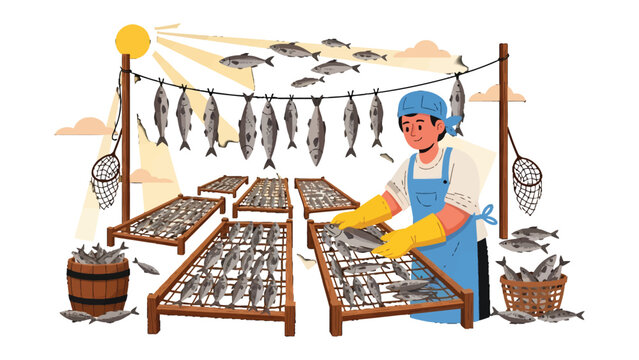 Dried Fish Production: An artisan carefully arranges fish on drying racks under the radiant sun, capturing a moment of traditional craftsmanship and sustainable food preservation.