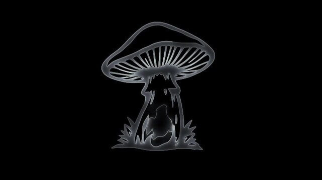 Stylized Mushroom Silhouette with Gills and Grass on Black Background fungi outline