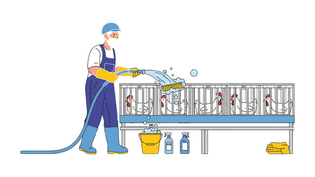 Farm Hygiene: A diligent worker wearing protective gear sanitizes a livestock pen with a high-pressure hose, ensuring a clean and healthy environment for the animals.