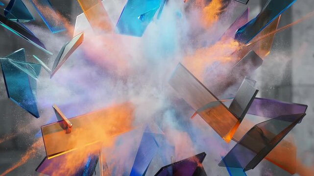 Purple powder explosion forming abstract vibrant pattern concept. Colorful abstract explosion of glass shards with vibrant smoke and dynamic motion effects