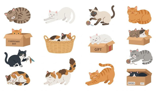 Cute cat activities vector set with sleeping stretching playing kittens and pet animals isolated on white