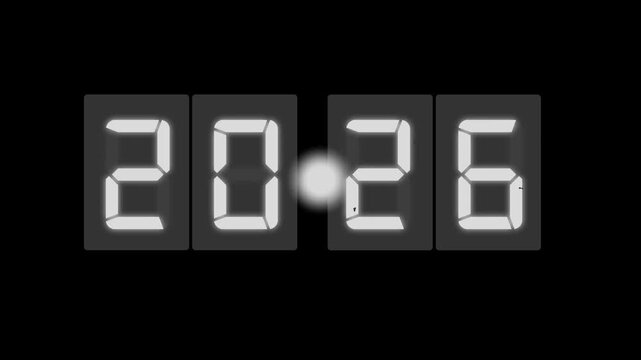 Futuristic glowing digital number 2026 displayed in LED style on black background. Modern countdown concept, New Year celebration theme, technology interface design with bright illuminated digits.