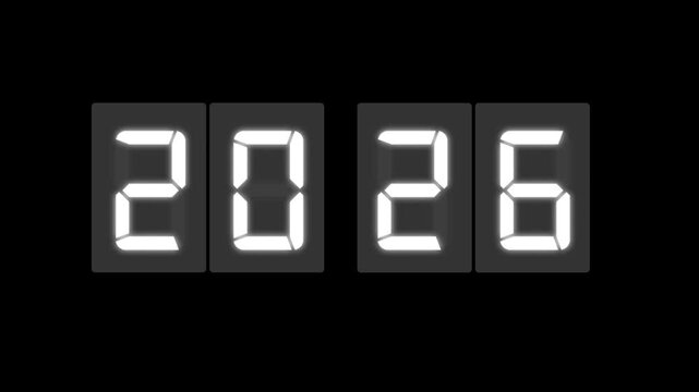 Futuristic glowing digital number 2026 displayed in LED style on black background. Modern countdown concept, New Year celebration theme, technology interface design with bright illuminated digits.